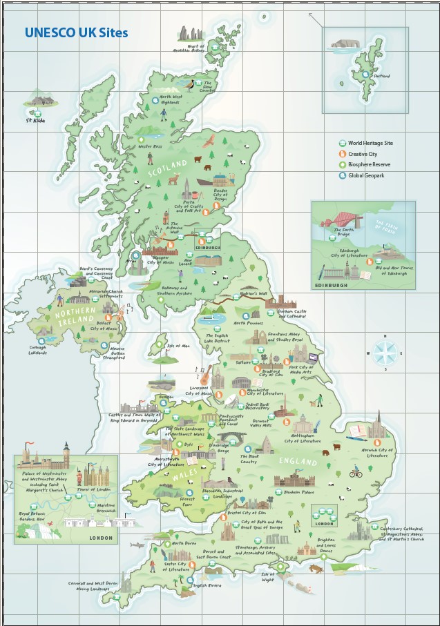 Designed by Birmingham-based creative cartographer Tom Woolley, the map showcases UNESCO-recognised sites across England, Scotland, Wales and Northern Ireland through his distinctive creative style.